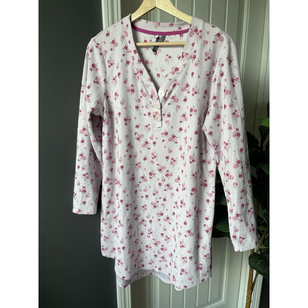 Jaclyn Intimates thermal waffle-knit Henley sleep gown Floral Light Pink Large